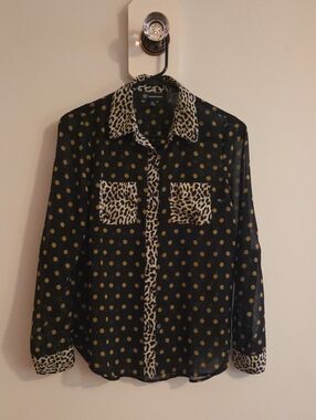 INC International Concepts Black Shirt with Gold Polka Dots and Leopard Trim
